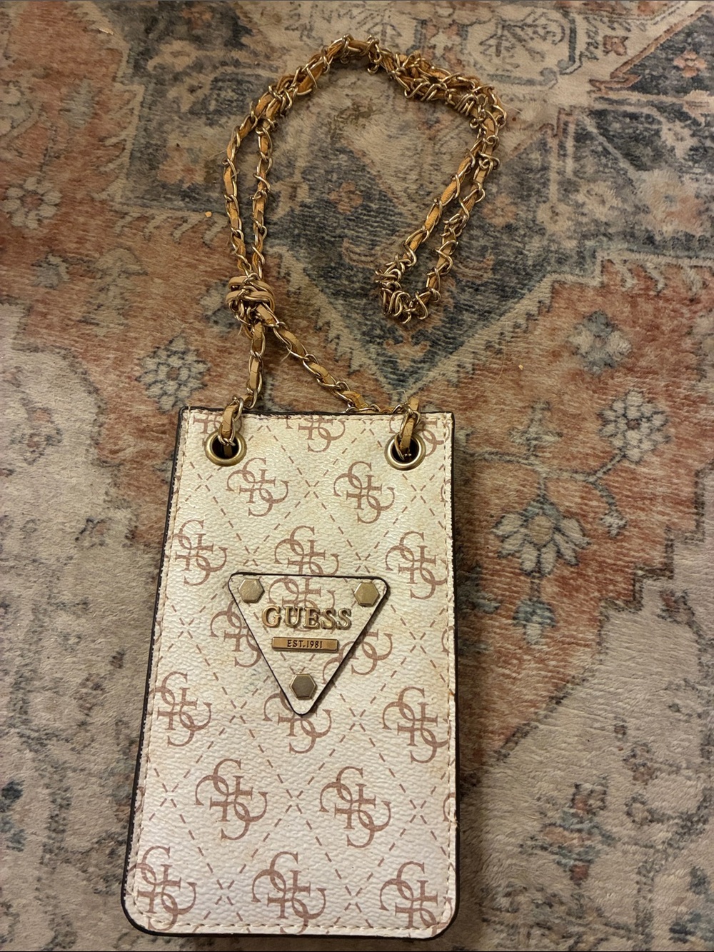 GUESS Cream and Tan Monogram Crossbody Card & Key Holder with Gold Chain